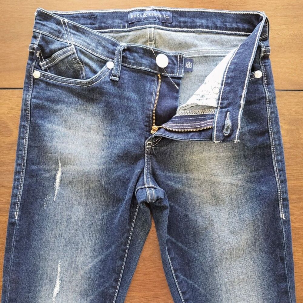 Rock & Republic Berlin Distressed Embroidered Skinny Jeans Sz 6M / 29.5" Waist - Picture 4 of 8